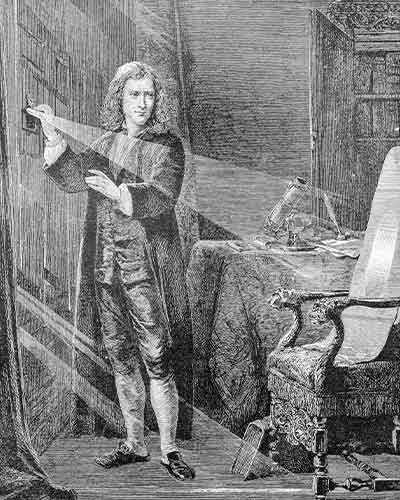 Antique illustration of important people of the past: Isaac Newton analysing the ray of light